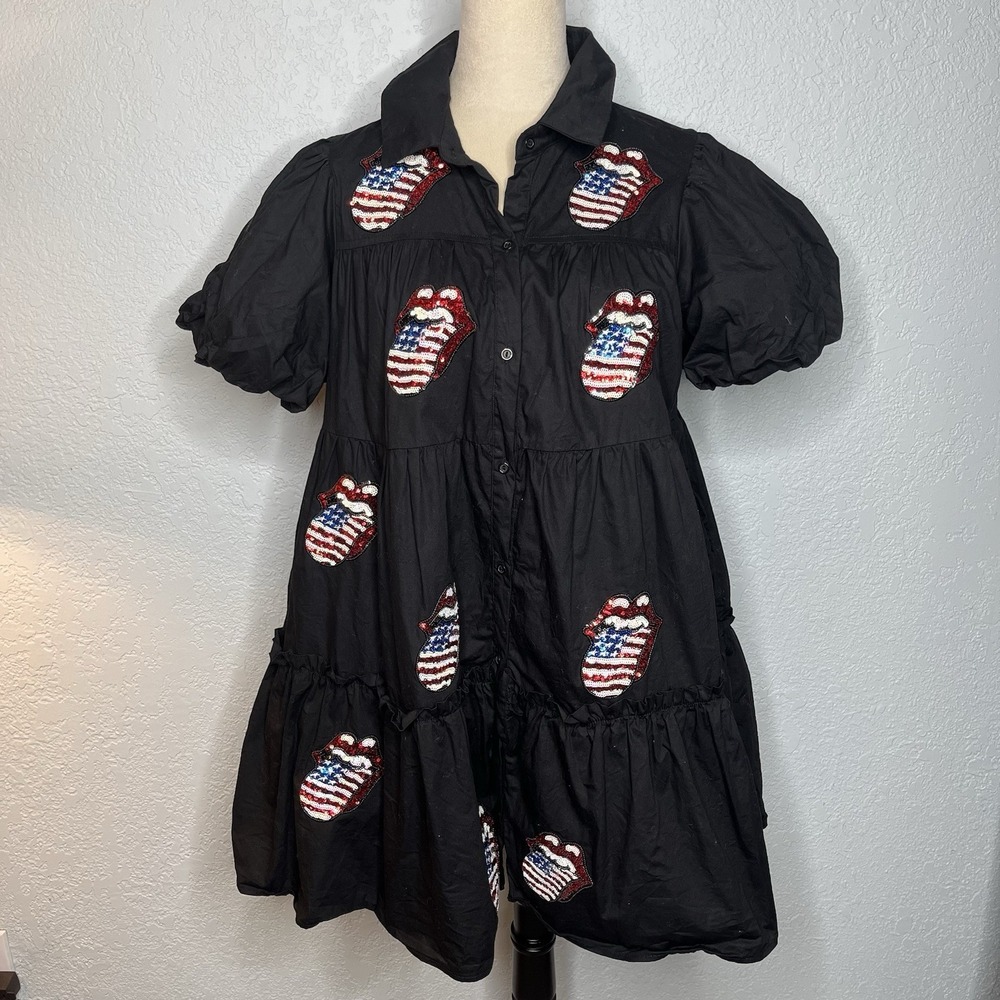 Fantastic Fawn Rolling Stones Black Bubble Hem Mini Babydoll Tiered Dress M USA
